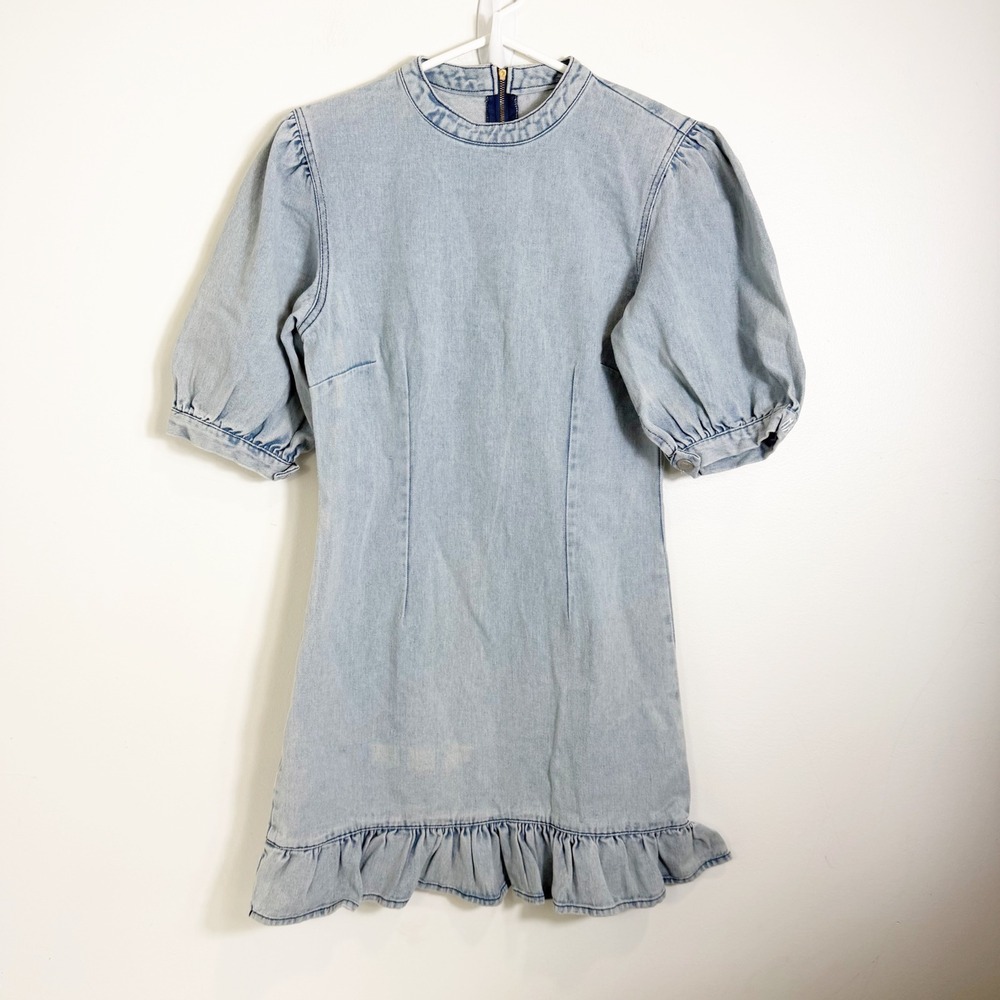 Marlo Denim Dress Girls 15-16 Years Light Blue Puff Sleeve Ruffle Hem Mock Neck